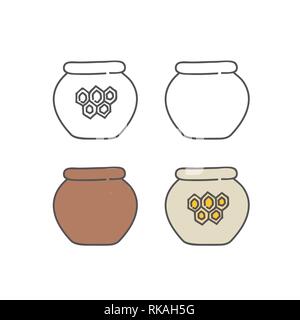 Honey pot vector collection of jars with honey creft ceramic package with honey combs and empty isolated on white vector set illustration Stock Vector