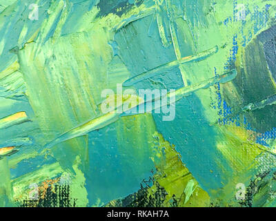 art texture background. oil green and blue paints on canvas, closeup view Stock Photo
