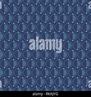 Abstract simple pattern with circles. Сircles separated by dots on two parts. Half of circles filled with lines. Trendy pattern for fabric, wrapping. Stock Vector