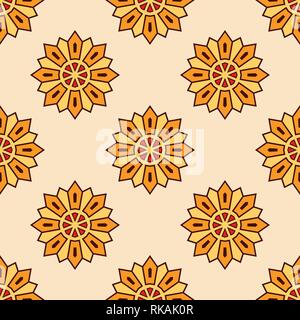 Abstract seamless orange color floral mandala pattern. Repeating geometric ornament. Stylized suns. Vector background. Stock Vector