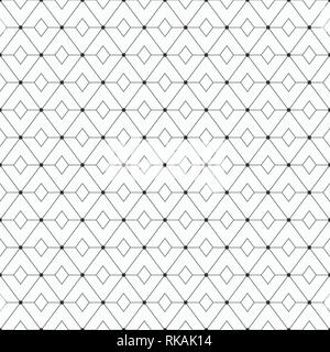 Vector monochrome seamless pattern. Geometric background with repeating rhombuses. Dots connected with lines. Dots on the corners of rhombuses. Stock Vector