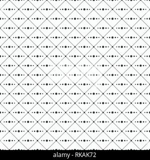 Seamless monochrome minimalistic pattern. Repeating geometric rhombuses with line from circles inside. Dots in nodes. Dots on the corners of rhombuses Stock Vector
