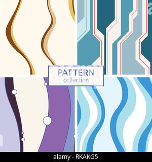 Set of four abstract colorful vector seamless patterns of straight and smooth lines and circles. Stylish textures. Backgrounds in high tech style. Wav Stock Vector
