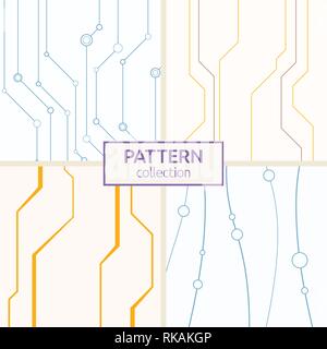 Set of four abstract vector seamless patterns of lines and circles. Stylish texture. Color background in high tech style. Stock Vector