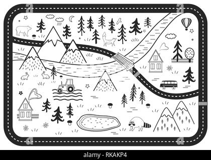 Black and White Kids Road Play Mat. Vector River, Mountains and Woods Adventure Map with Houses, Wood, Field, and Animals. Scandinavian Style Art. Stock Vector