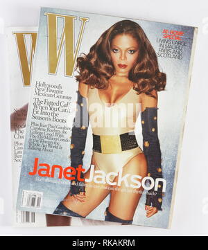 CZECH REPUBLIC - MAY 21, 2015: Stack of old magazines W, on top issue October 2006 with Janet Jackson on cover. Illustrative editorial. Stock Photo