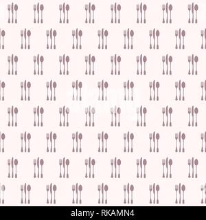 Restaurant menu seamless pattern. Vector background. Pastel gentle colors. Fork, knife and spoon silhouettes. Stock Vector