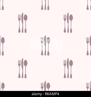 Restaurant menu seamless pattern. Vector background. Pastel gentle colors. Fork, knife and spoon silhouettes. Stock Vector