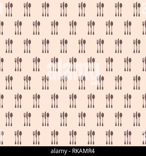 Restaurant menu seamless pattern. Vector background. Pastel gentle colors. Fork, knife and spoon silhouettes. Stock Vector