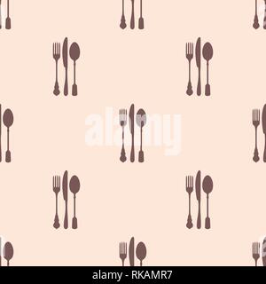 Restaurant menu seamless pattern. Vector background. Pastel gentle colors. Fork, knife and spoon silhouettes. Stock Vector