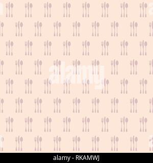 Restaurant menu seamless pattern. Vector color background. Pastel gentle colors. Fork, knife and spoon silhouettes. Stock Vector