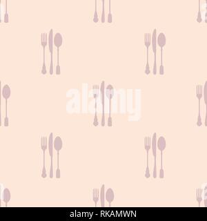 Restaurant menu seamless pattern. Vector background. Pastel gentle colors. Fork, knife and spoon silhouettes. Stock Vector