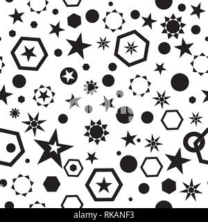 Seamless geo pattern with black stars circles honeycombs on a white background. Stock Vector