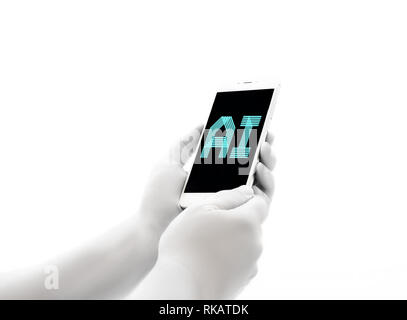 Human bionic hands holding electronic device on white background. Humanoid robot hands close-up. Artificial intelligence futuristic concept Stock Photo