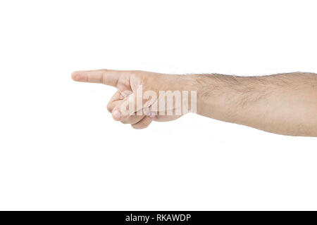 Pointing to the left male hand isolated on white. Stock Photo