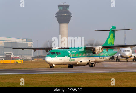 Stobart Air,Air Lingus Regional, ATR 72-600, EI-FAW, named St Cronan readies for take off at Manchester Airport Stock Photo
