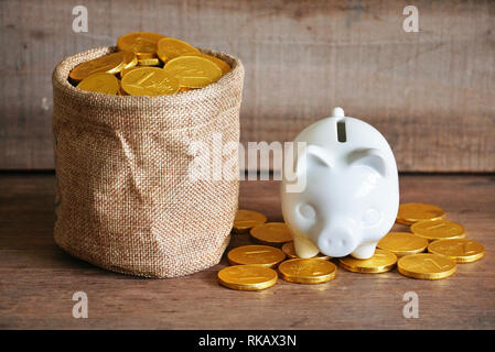 White piggy on gold coin in the canvas bag which carry gold coin Stock Photo