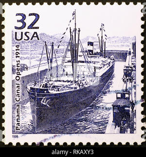 Opening of Panama Canal celebrated on american postage stamp Stock Photo