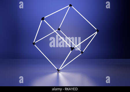 Neon glowing cube in interior room. Empty Showcase display. 3d rendering Stock Photo