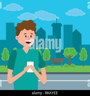 young upperbody man using smartphone device at city park cartoon vector illustration graphic design Stock Vector