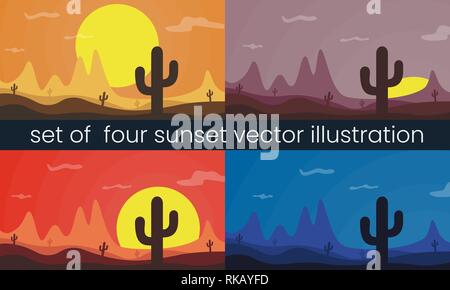 Four vector desert sunset illustration Stock Vector