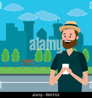young upperbody man using smartphone device at city park cartoon vector illustration graphic design Stock Vector