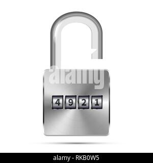 Realistic open padlock with code numbers isolated on white Stock Vector