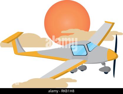 transportation concept small plane flying between clouds and sun at sunset scene cartoon vector illustration graphic design Stock Vector