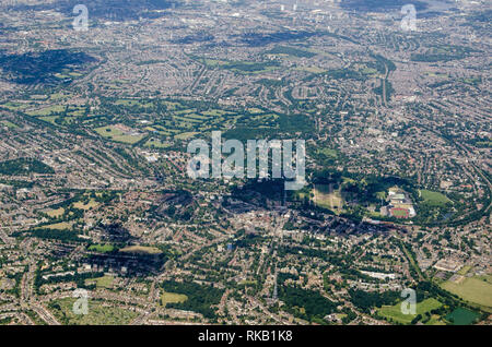 Aerial view across South London with the television transmitters and National Sports Centre of Crystal Palace at the bottom of the image and the wareh Stock Photo
