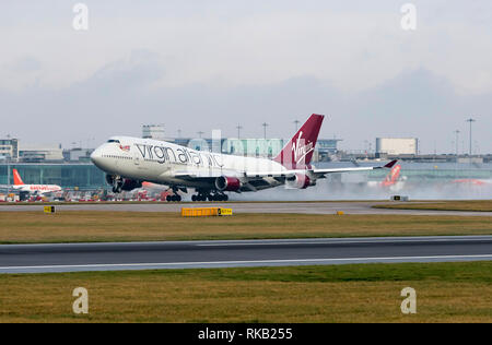 Virgin Alantic Boeing 747-400, G-VBIG, named Tinker Belle, takes off at Manchester Airport Stock Photo
