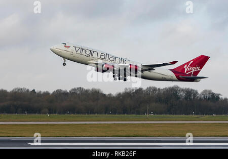 Virgin Alantic Boeing 747-400, G-VBIG, named Tinker Belle, takes off at Manchester Airport Stock Photo