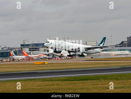 Cathay Pacific, Airbus, A350-1000, B-LXG take off at Manchester Airport Stock Photo