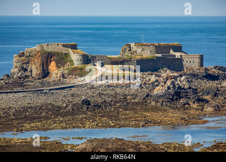 Fort  Clonque on Alderney showing the causeway for access at low tide. Stock Photo