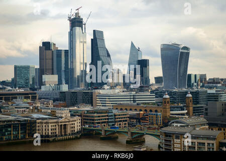 London skyline 2019, with The Walkie -Talkie building, The Cheesegrater and 22 Bishopsgate under construction. Stock Photo