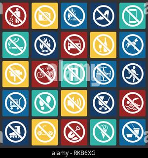 Prohibition signs set on color squares background for graphic and web design, Modern simple vector sign. Internet concept. Trendy symbol for website design web button or mobile app. Stock Vector