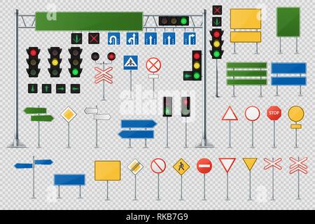 Big Realistic Set Of Road Signs And Traffic Lights And Semaphores. Stock Vector