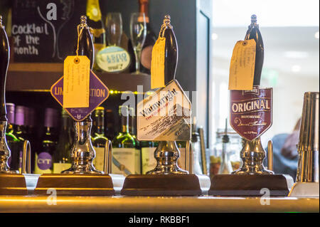 Thwaites Original bitter and Wainwright Golden Ale beer pumps, Beverley, East Riding, Yorkshire, England Stock Photo