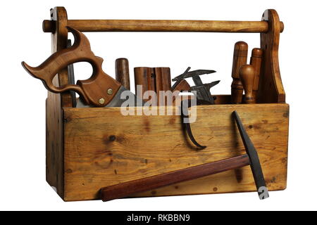 Antique Wood Tool Box With Handle And Tools On Wooden Background