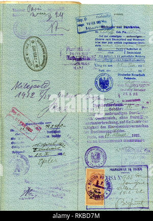 Visa page from a 1922 United States passport showing visa stamps. Stock Photo