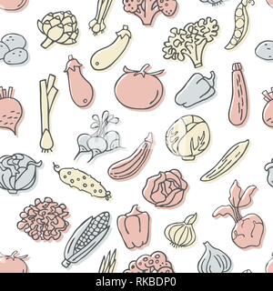 Seamless pattern with hand drawn vegetables. Perfect organic food pattern in flat style, can use for wrapping paper, bioproducts wallpaper, organic ba Stock Vector