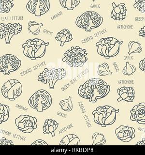 Seamless pattern with hand drawn vegetables. Perfect organic food pattern in line style with hand drawn lettering, can use for wrapping paper, bioprod Stock Vector