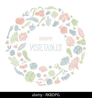 Vector illustration with hand drawn vegetables and lettering. Healthy food concept, various organic product in a circle Stock Vector