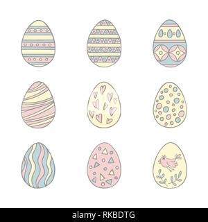 Colorful Easter eggs hand drawn icon set in doodle style. Perfect vector design elements for decorations greeting card, holidays pattern, wrapping pap Stock Vector