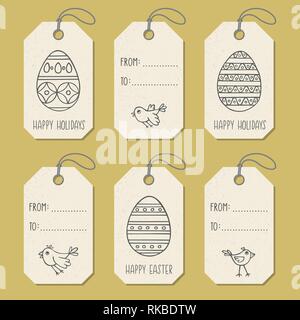 Set of tags templates with hand drawn Easter eggs. Vector design elements for holidays card or label in doodle style Stock Vector