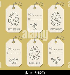 Set of tags templates with hand drawn Easter eggs. Vector design elements for holidays card or label in doodle style Stock Vector