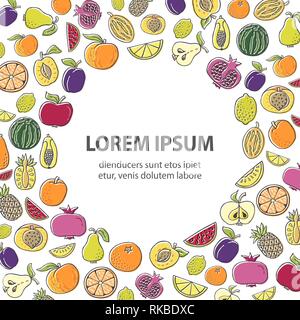 Poster template with Hand drawn fruit. Various organic product in a circle, place for text. Unique flat style vector. Organic product for healthy food Stock Vector