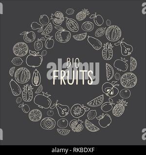 Vector illustration with hand drawn fruit. Healthy food concept, various organic product in a circle on black background Stock Vector