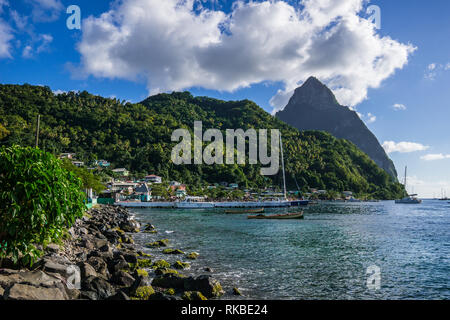 Beautiful view of the pitons and dock from the Sourfriere gangway. Stock Photo