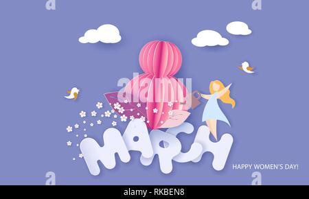 Happy 8 March womens day card with woman caring about flower shaped as big eight air balloon on blue sky background. Vector illustration Stock Vector
