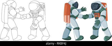Cartoon astronauts meeting and handshake in space isolated on white background Stock Vector